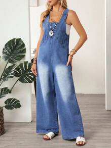 EMERY ROSE 女式休闲阔腿牛仔背带裤 - 藍色 - 查看 3