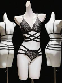 SHEIN 2件套黑色蕾丝性感内衣套装 - 黑色 - 查看 6