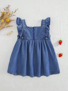 Cozy Pixies Baby Girl Strawberry Print Square Neck Ruffle Hem Sleeveless Waist Cinched Dress - Blue - View 2