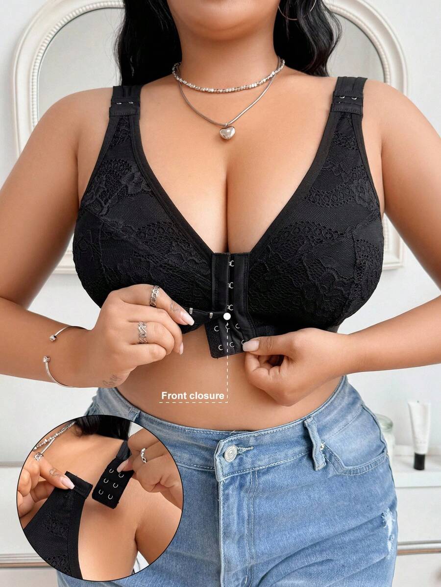 SHEIN Abnehmbare & bequeme Spitzen Große Größen BH & Drahtloser BH - Schwarz - Übersicht 1