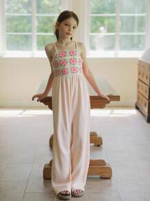 SHEIN Vintaside Kids Tween Girls' Floral Print Wide Leg Jumpsuit - Apricot - View 1