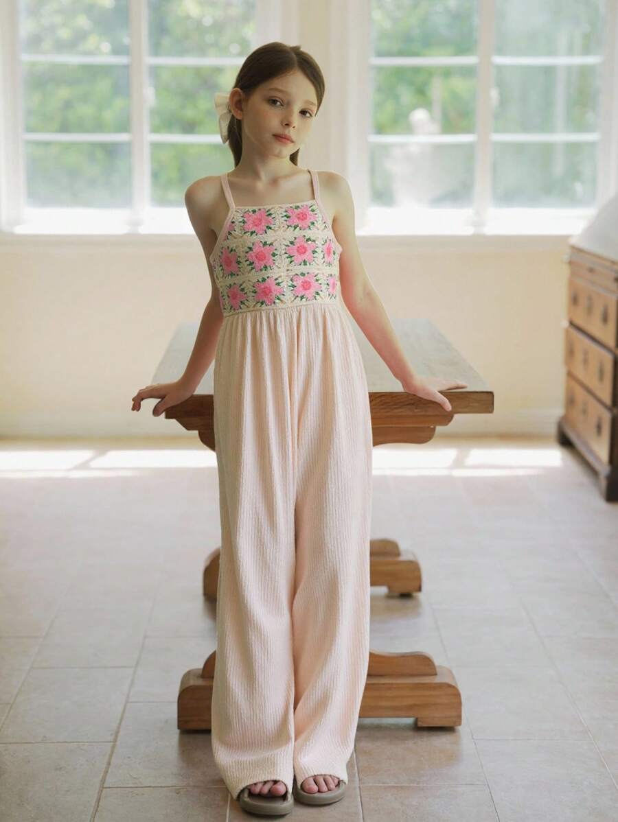 SHEIN Vintaside Kids Tween Girls' Floral Print Wide Leg Jumpsuit - Apricot - View 1