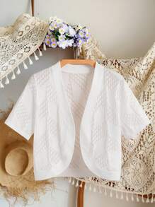 SHEIN Vintaside Kids Tween Girl Pointelle Knit Cardigan  Cropped Cardigan Girls Kids Sweaters For Girls Girls Ribbed Cardigan Tween Cardigan Scalloped Cardigan - White - View 1