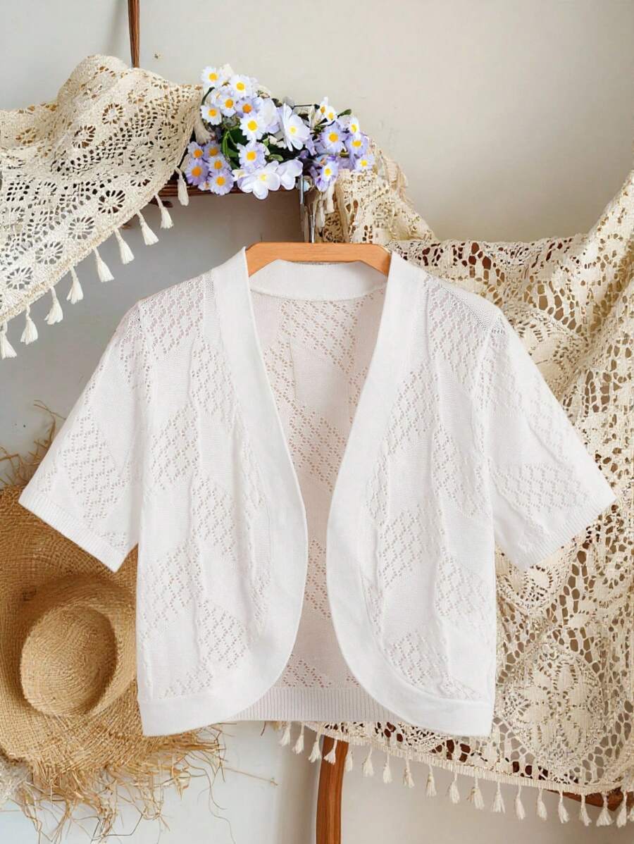 SHEIN Vintaside Kids Tween Girl Pointelle Knit Cardigan  Cropped Cardigan Girls Kids Sweaters For Girls Girls Ribbed Cardigan Tween Cardigan Scalloped Cardigan - White - View 1