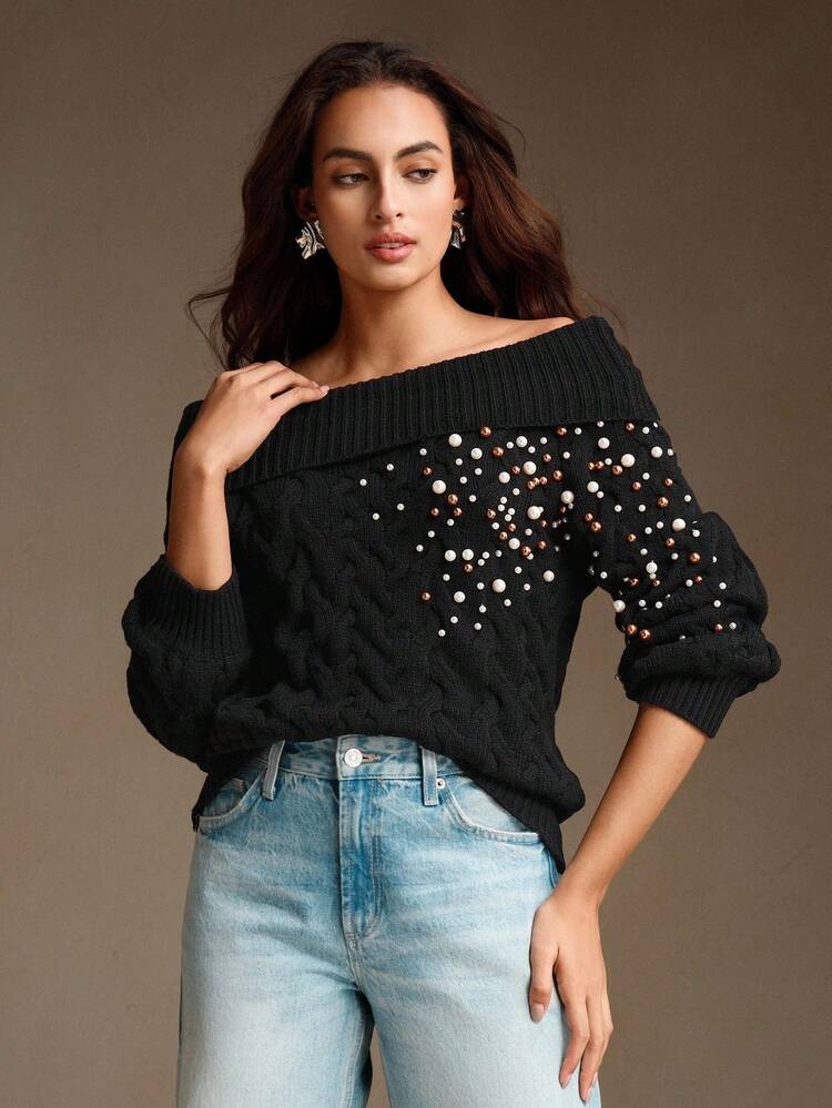 Women's Elegant French Style Pearl Embellished Knit Sweater