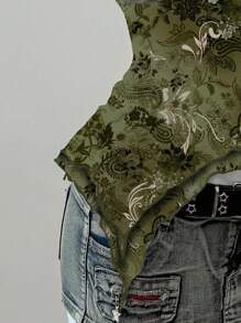 SHEIN EZwear Y2k 复古垃圾摇滚乡村音乐会复古印花网眼露背挂脖透视上衣橄榄绿上衣女式佩斯利花纹上衣适合外出 - 綠色 - 查看 4