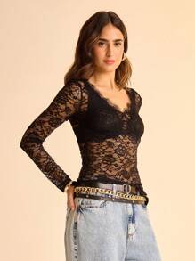 CAJUNI Women's Vacation Casual Black Lace Long Sleeve Tight Blouse, Lace Trim Splice At Chest - Black - View 1