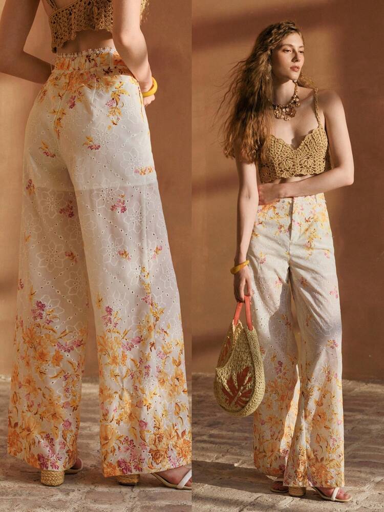 SCHIFFY FLORAL PRINT LACE TRIM WIDE LEG SUIT PANTS