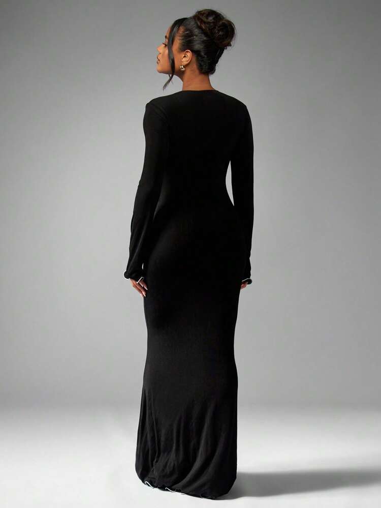 MISSGUIDED Elegant Long Sleeve Maxi Dress Evening Gown Ruffle Trim Floor Length Formal Special Occasion Party Wear Full Length Holiday Black Tie Gala Wedding Guest Dress