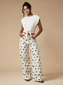 MISSGUIDED Polka Dot Wide Leg Jeans High Waisted Cotton Pants Retro Style Spring Fall Fashion Statement Bottom Wear - Black and White - View 3