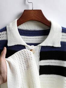 Manfinity Homme 男士条纹短袖单排扣镂空针织衫钩针衬衫希腊度假男士蓝白男士针织衬衫男士复古衬衫复古衬衫条纹衬衫 - 彩色 - 查看 2