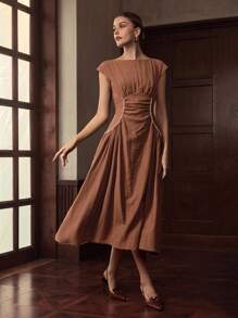 ZEYLAH 女士休闲优雅简约褶饰腰部连衣裙 - 咖啡棕 - 查看 5