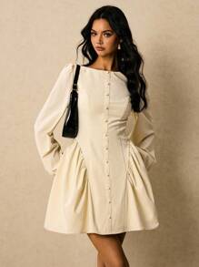 Poéselle Elegantes, einfarbiges Minikleid mit Laternenärmeln und geraffter Taille für Damen, Herbstkleider für Damen, Freizeitkleider, Büro-Outfits für Damen, Business-Casual-Damen, klassische Outfits für Damen, Old-Money-Style für Damen, Herbst-Outfits für Damen - Beige - Übersicht 2