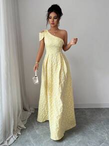 Elenzga Váy vải Jacquard dáng xòe cổ không đối xứng màu kem lãng mạn thanh lịch dành cho nữ - Butter Yellow - Xem 4