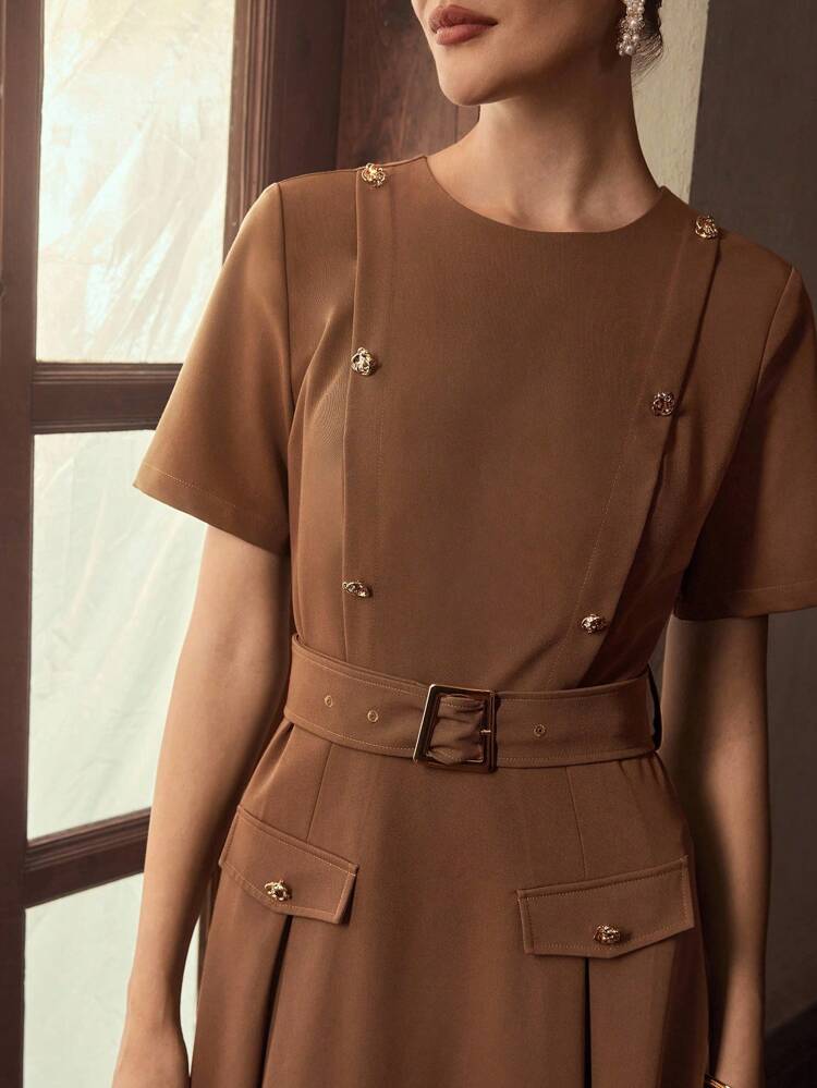 ZEYLAH DOUBLE-BREASTED DECOR BELTED DRESS