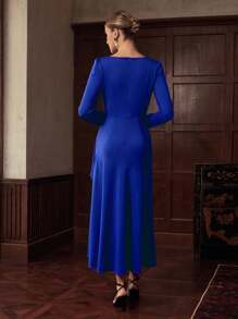 ZEYLAH Round Neck Waisted Metal Decor Maxi Elegant Dress - Blue - View 3