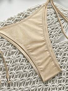 Swim Chiccia Champagne & Apricot Color Metallic Sheen Fabric Elegant Strapless Crop Top & Bikini Set For Summer Beach Vacation - Champagne - View 5