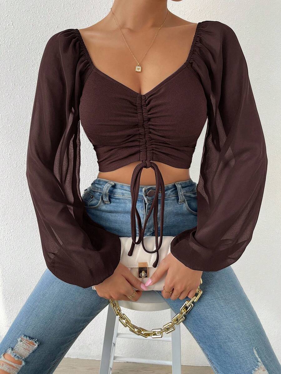 SHEIN Allurite Women's Lantern Sleeve Drawstring Cropped Blouse Chocolate Brown Ruched Tie Front Top,Fall,All Shades Of Brown,Summer,Seksi Chic,Night Out - Mocha Brown - View 1