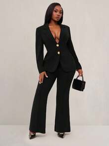 Radiana Women's Elegant Business Black Long Sleeve Suit Set, Gold Button Decor Waist Fitted Blazer + Slim Flare Pants 2 Pieces Outfit, Casual Business Attire Suitable For Commuting, Office, Workplace, Party, Daily Wear, Formal Occasions, Slim Fit, Figure Flattering - Black - View 6