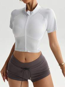 Easithlete Damen figurbetonter Sporttrikot aus einfarbigem Raglan Kurzarm mit Reißverschluss, taillierter Schnitt