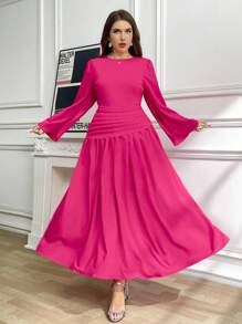 Ellevyn Plus Size Women Elegant,Formal,Wedding Ninang Dress, Pleated Flare Sleeve Maxi,Blush Pink,Autumn,Mother Of The Bride,Vintage Classy Outfits - Hot Pink - View 12