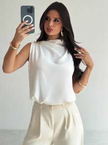 Firerie Bộ đồ liền thân rộng rãi không tay, cổ vai bất đối xứng, điểm nhấn kim loại, tối giản, thanh lịch, thời trang đi làm hàng ngày dành cho nữ, màu trắng, đa năng, trang phục công sở, trang phục sân bay, trang phục du lịch sân bay, trang phục đi chơi, toàn màu trắng - trắng - Xem 5