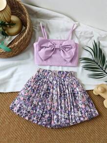 SHEIN Vintaside Kids Young Girl Purple Small Floral Print Vacation Comfortable Spaghetti Strap 2 Piece Set For Summer,Holiday,Summer,Travel - Purple - View 1