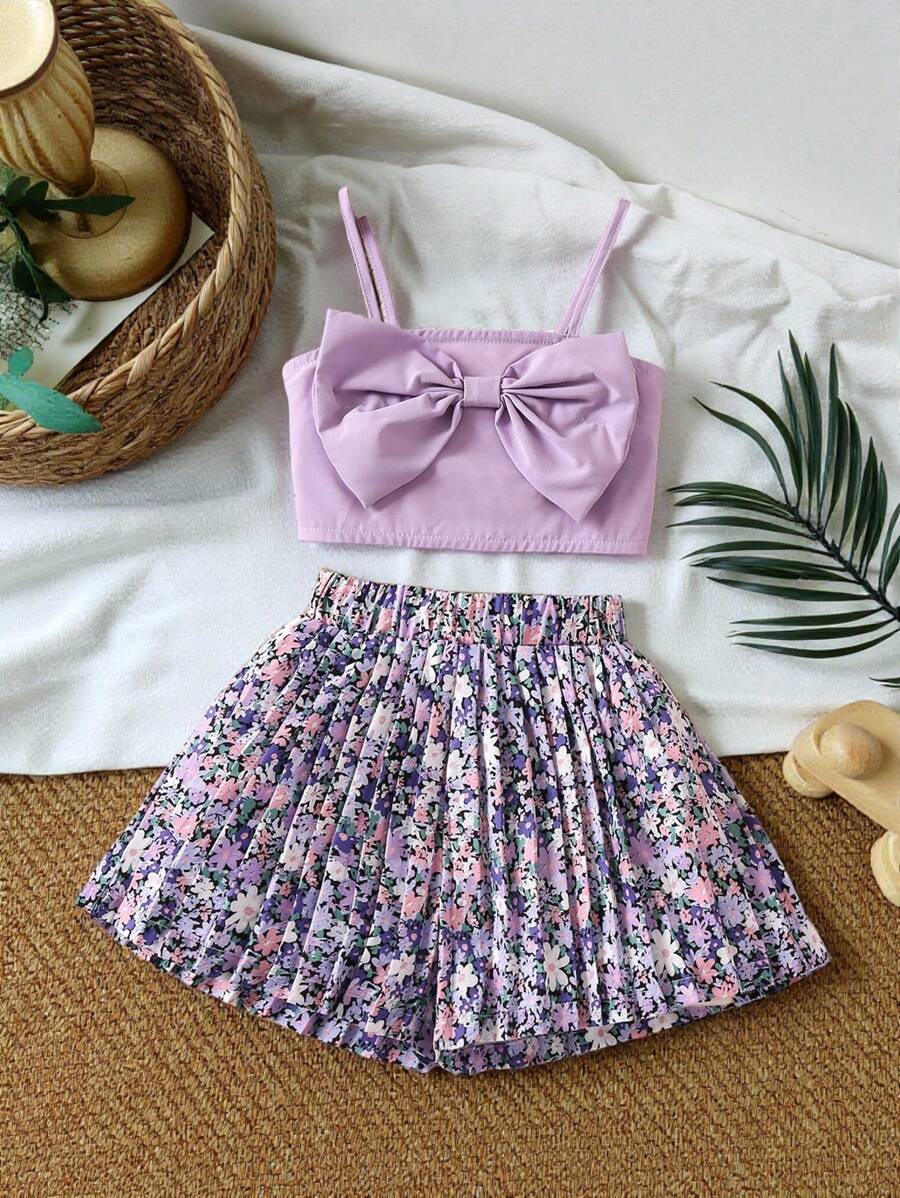 SHEIN Vintaside Kids Young Girl Purple Small Floral Print Vacation Comfortable Spaghetti Strap 2 Piece Set For Summer,Holiday,Summer,Travel - Purple - View 1