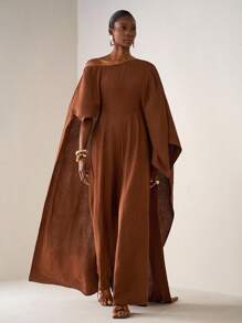 Zivah 2025 Fall/Winter Asymmetrical Neck Long Jumpsuit, Textured Fabric, Casual Wear For Music Festival, Graduation, Daily, Beach, Commute, Brown Color Brown Jumpsuit Wide Leg Jumpsuit Lantern Sleeve Jumpsuit Rust Brown Jumpsuit Earthy Jumpsuit - Brown - View 6