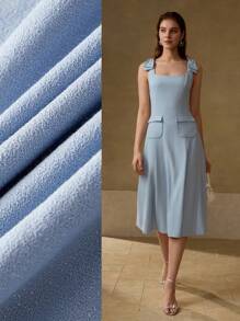 MOTF PREMIUM 纯色蝴蝶结肩部翻盖口袋飘逸下摆连衣裙 - 藍色 - 查看 7