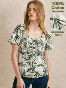 Écloséra Áo cánh trắng thêu hoa rỗng cổ tròn phong cách Pháp cổ điển, thắt dây rút, tay áo raglan, hàng khuy đơn cho nữ - Nhiều màu - Xem 1