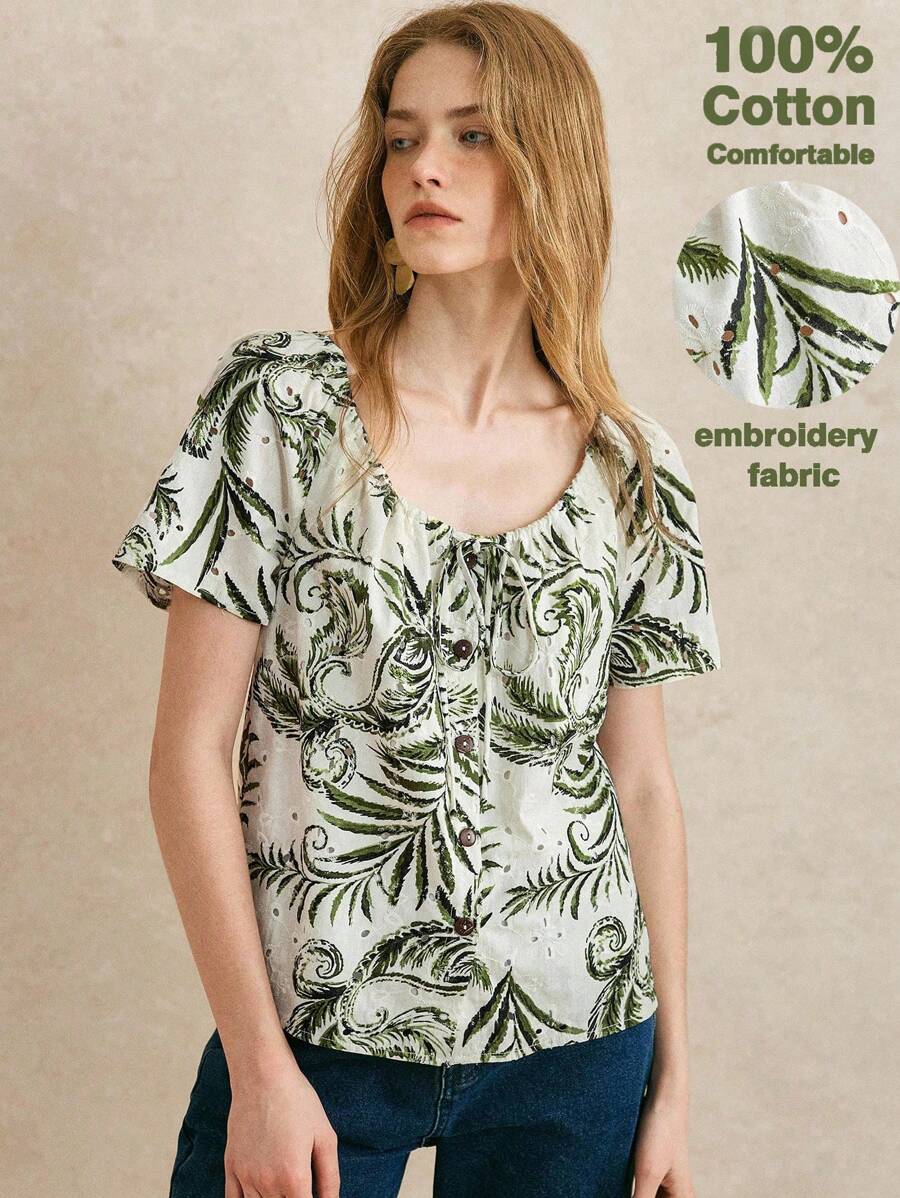 Écloséra Áo cánh trắng thêu hoa rỗng cổ tròn phong cách Pháp cổ điển, thắt dây rút, tay áo raglan, hàng khuy đơn cho nữ - Nhiều màu - Xem 1