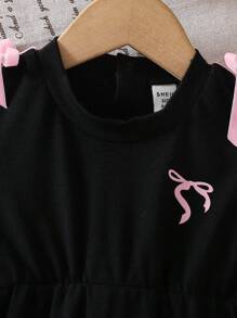 SHEIN 2025年夏季新款女婴黑色针织连体衣，饰有粉色蝴蝶结 - 黑色 - 查看 4