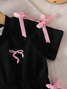 SHEIN 2025年夏季新款女婴黑色针织连体衣，饰有粉色蝴蝶结 - 黑色 - 查看 5