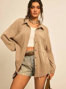 SHEIN VCAY Plus Size Women's Solid Color Drop Shoulder Long Sleeve Single Breasted Pocket Casual Shirt Oversize Shirt For Women Fall Going Out Travel Airport Button Up Shirt Women Top