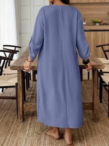 Breezaya Plus Size Casual Metal Decor Roll-Up Sleeve Dress For Holiday BASICS - Navy Blue - View 2