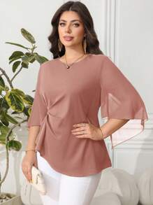 Plus Size Elegant Solid Color Flared Sleeve Shirt, For Work Chiffon Blouses For Women - Pink - View 4