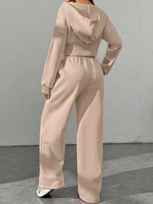 SHEIN EZwear 女士时尚棕色拉链连帽运动衫和裤子两件套 - 杏色 - 查看 2