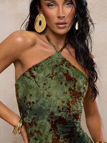 Glamine Women Retro Flocked Tie-Dye Slip Dress, Mini Dress, Halter Dress Halloween - Green - View 2