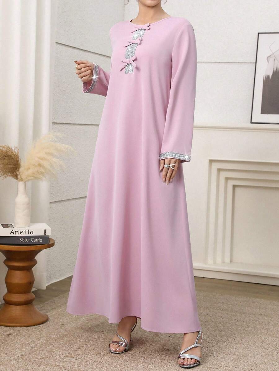 Yasmyna Elegante Kleid mit Schleife-Akzent und Strass in rosa arabischem Stil für Frauen