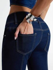 SHEIN Unity Women's Casual Low-Waist Denim Bell-Bottom Pants With Pockets - Dark Wash - View 4
