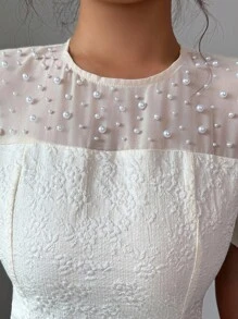 Elenzga Puff Sleeve Ruffled Hem Square Neck Square Neck Waist Decorated Pearl Detail Elegant Romantic Cream Yellow Ladies Blouse