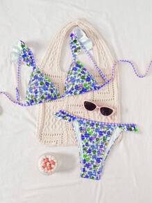 Swim Mod Women'sSimple Floral Print Beach Triangle Bikini Set For Summer Beach Vacation - Multicolor - View 3