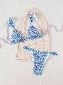 Swim Mod Conjunto de bikini triangular estampado simple para mujer - Multicolor - Ver 4