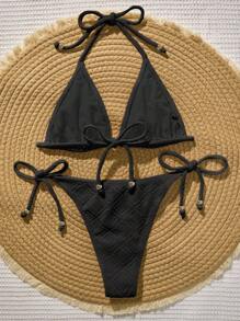Swim Vcay 女士夏季沙滩纯色露背系带性感比基尼两件套泳衣套装 - 黑色 - 查看 2