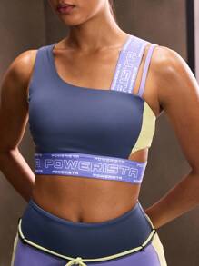 Powerista Women's Summer Gym Sportswear Letter Print Purple Blue Yellow Patchwork Asymmetrical Workout And Sports Bra - Blue - View 6