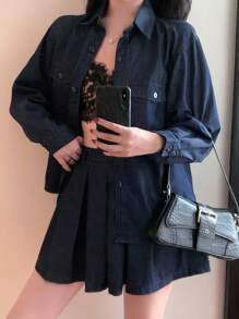 DAZY 2pcs Women Oversized Casual Street Vintage Washed Denim Top And Pleated Skirt Suit, Suitable For Back To School Season Fall/Winter - Dark Wash - View 8