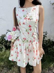 SHEIN Teen Girls' Casual Simple Comfortable Round Neck Sleeveless Floral Print Dress - Apricot - View 1