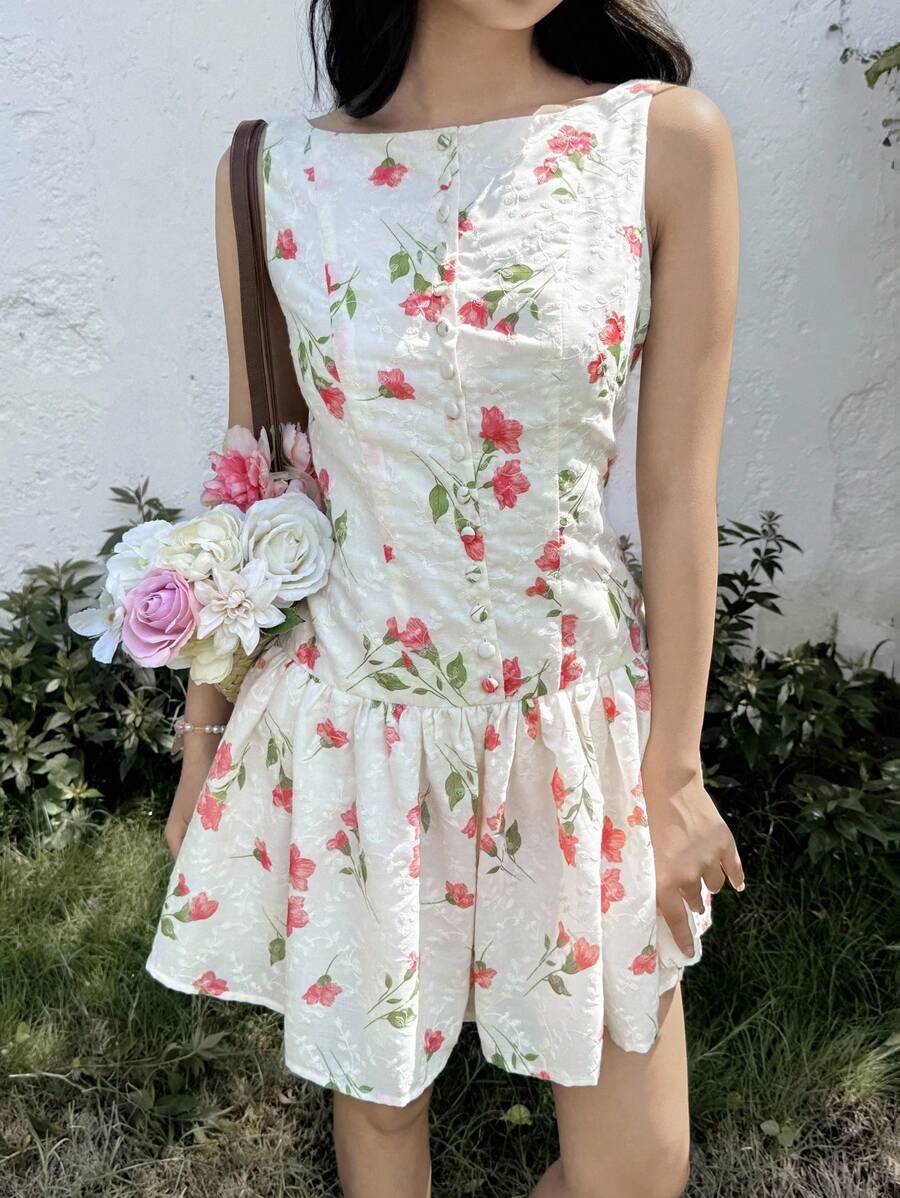 SHEIN Teen Girls' Casual Simple Comfortable Round Neck Sleeveless Floral Print Dress - Apricot - View 1