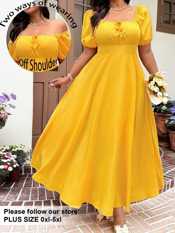 Solflare Solflare Rochie de seară elegantă pentru femei, mărime plus, galbenă, cu mânecă scurtă, casual, cu nod în față, talie înaltă, ținute elegante de vacanță, rochie casual pentru invitați de nuntă, primăvară/vară, rochie de soare, rochie de absolvire, rochie de festival, rochie de ziua de naștere pentru femei